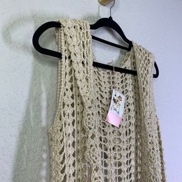 POL Sweater Small Lace Open Crocheted Weave Hooded Rosette Border‎ Open Front - Picture 6 of 12